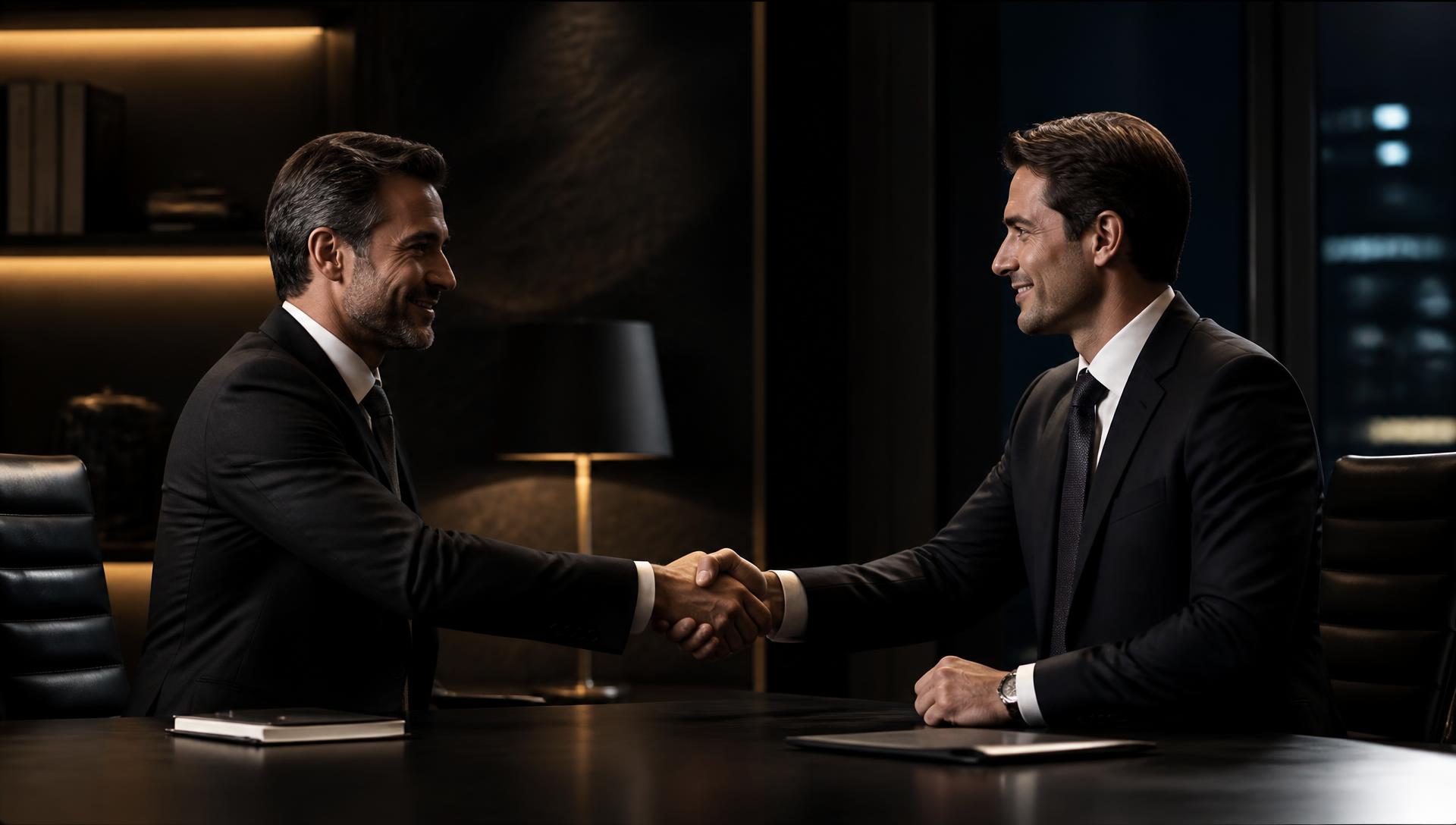 Executivos apertando as mãos em ambiente corporativo